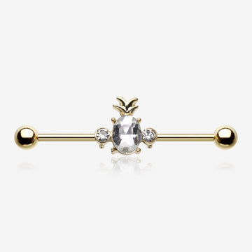 Golden Adorable Pineapple Sparkle Industrial Barbell-Clear Gem
